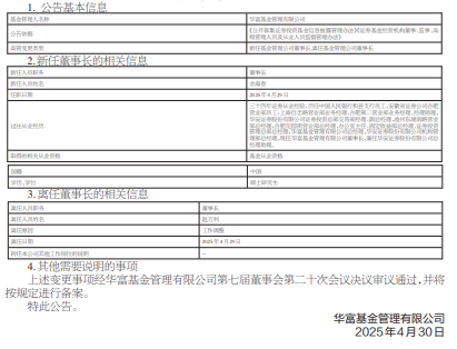 涌融优配 华富基金任命余海春为董事长